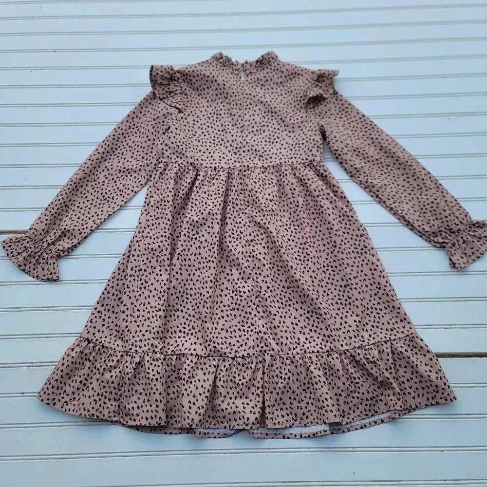 Arshiner Girls 140 Blush Pink Black Animal Print Leopard Ruffle Dress Long Sz 10